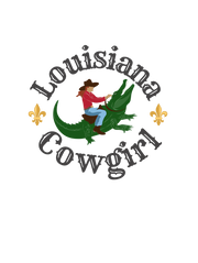 Logo with 'Louisiana Cowgirl' text, a cowgirl on an alligator, and decorative elements on a white background.