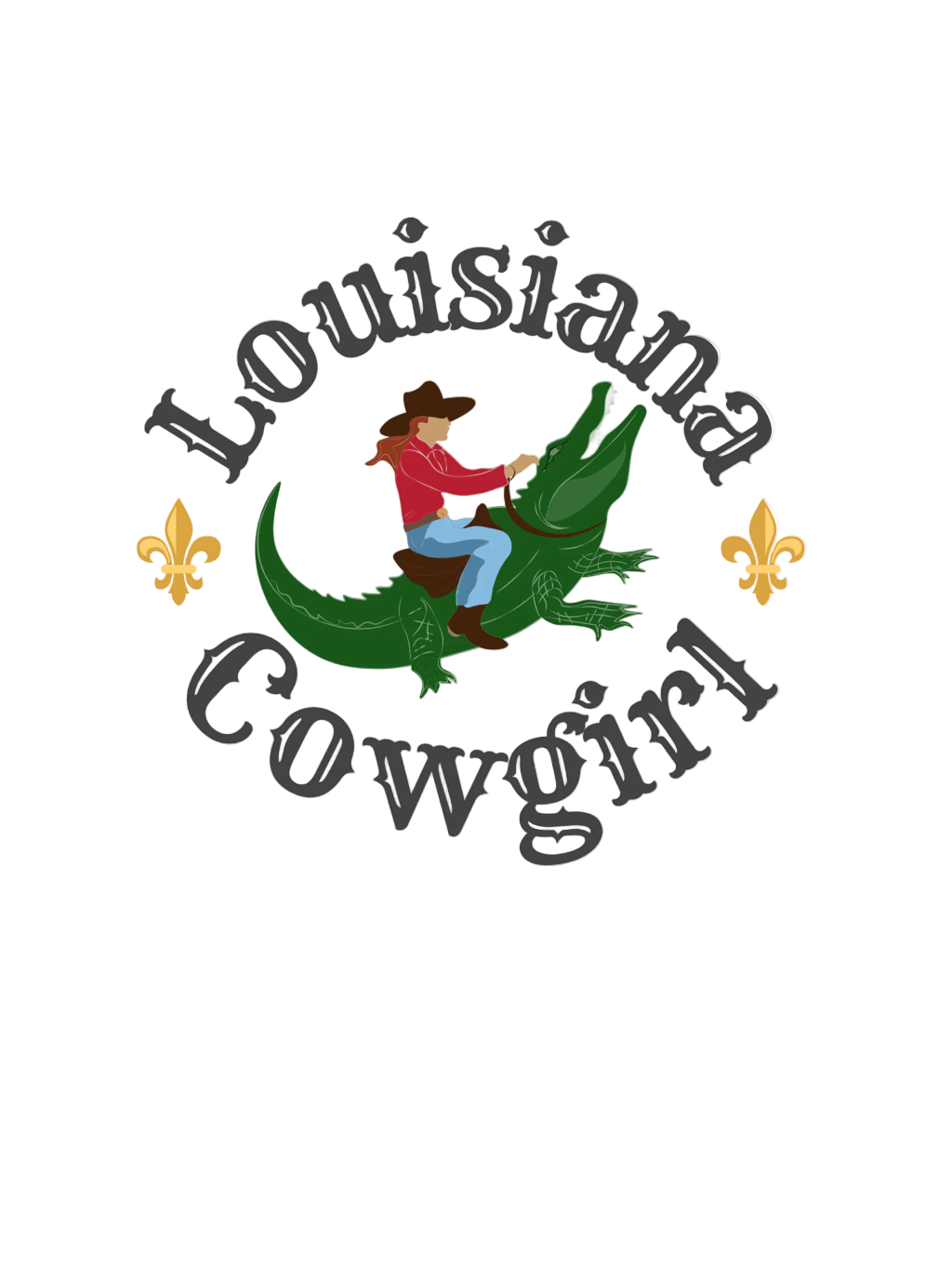 Logo with 'Louisiana Cowgirl' text, a cowgirl on an alligator, and decorative elements on a white background.