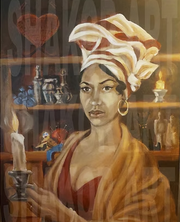 Marie Laveau portrait art print by Shakor showing the New Orleans Voudou practitioner holding a candle before an altar and wearing a wrapped headpiece.