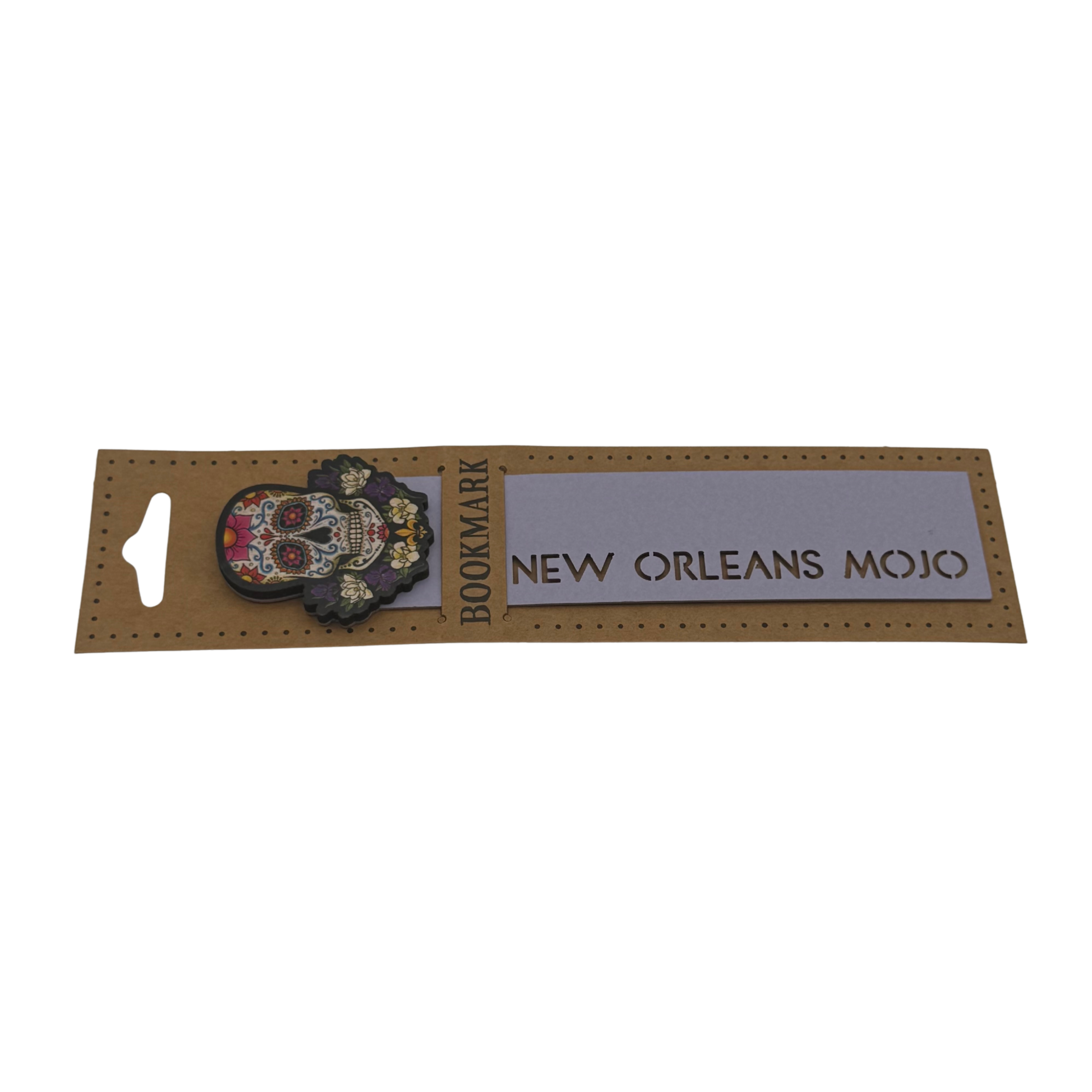 New Orleans Mojo bookmark with skull design on a white background