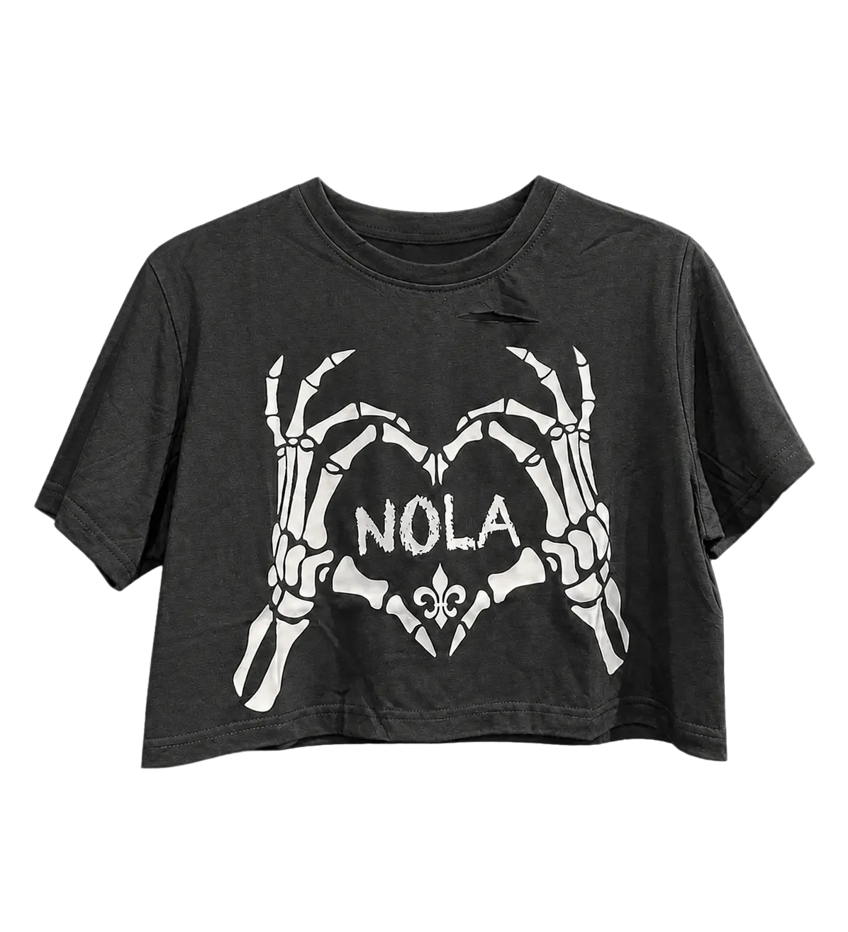 NOLA Skeleton Heart Cropped Tee – Distressed Shoulder Detail