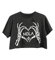 NOLA Skeleton Heart Cropped Tee – Distressed Shoulder Detail