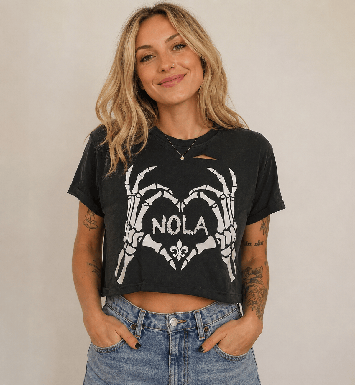 NOLA Skeleton Heart Cropped Tee – Distressed Shoulder Detail
