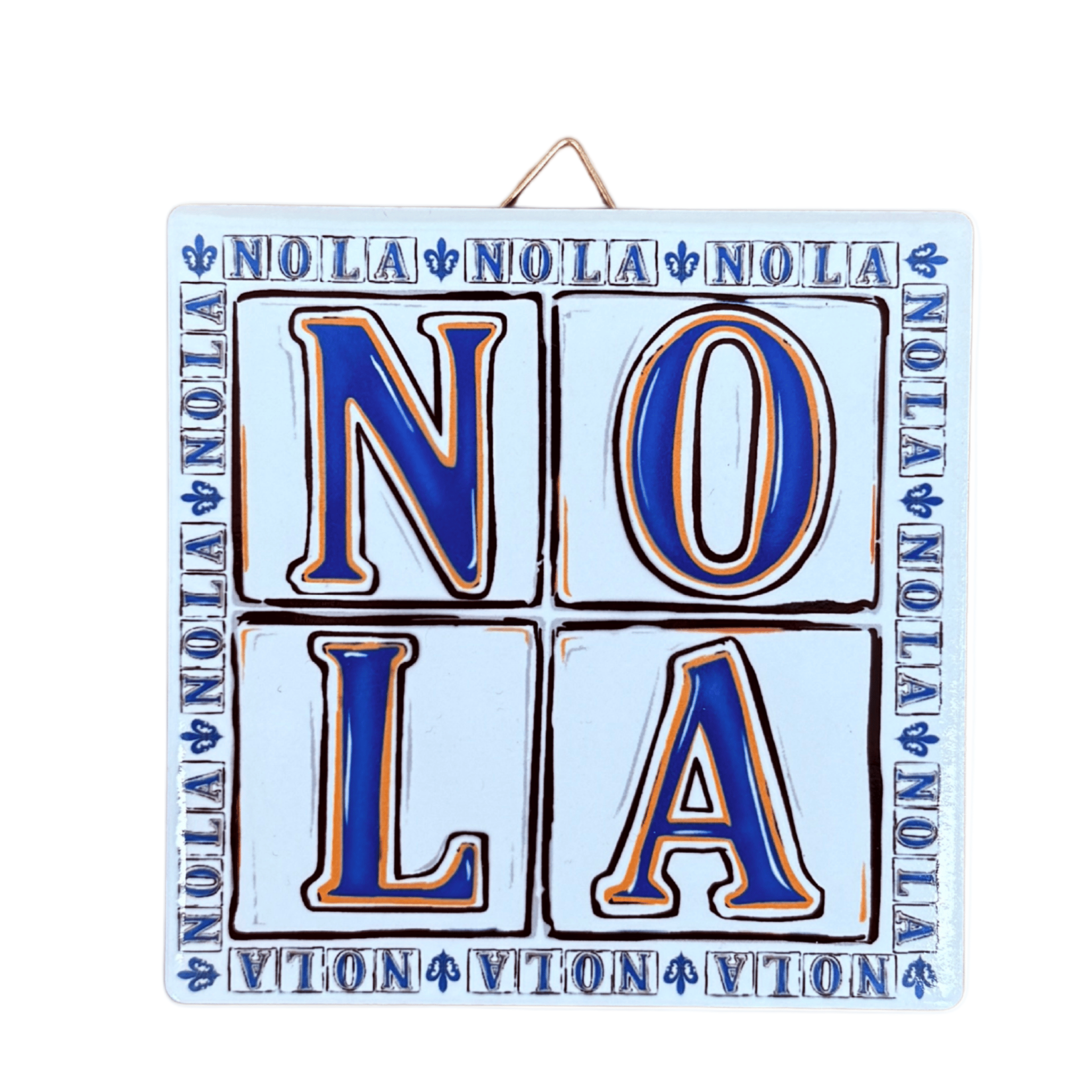 Decorative sign with 'NOLA' text on a white background ceramic coaster
