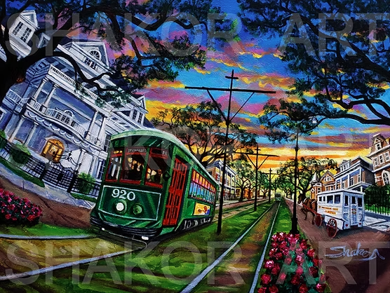 NOLA Mansions art print by Shakor featuring a green St. Charles streetcar traveling beneath oak trees past historic New Orleans homes at sunset.