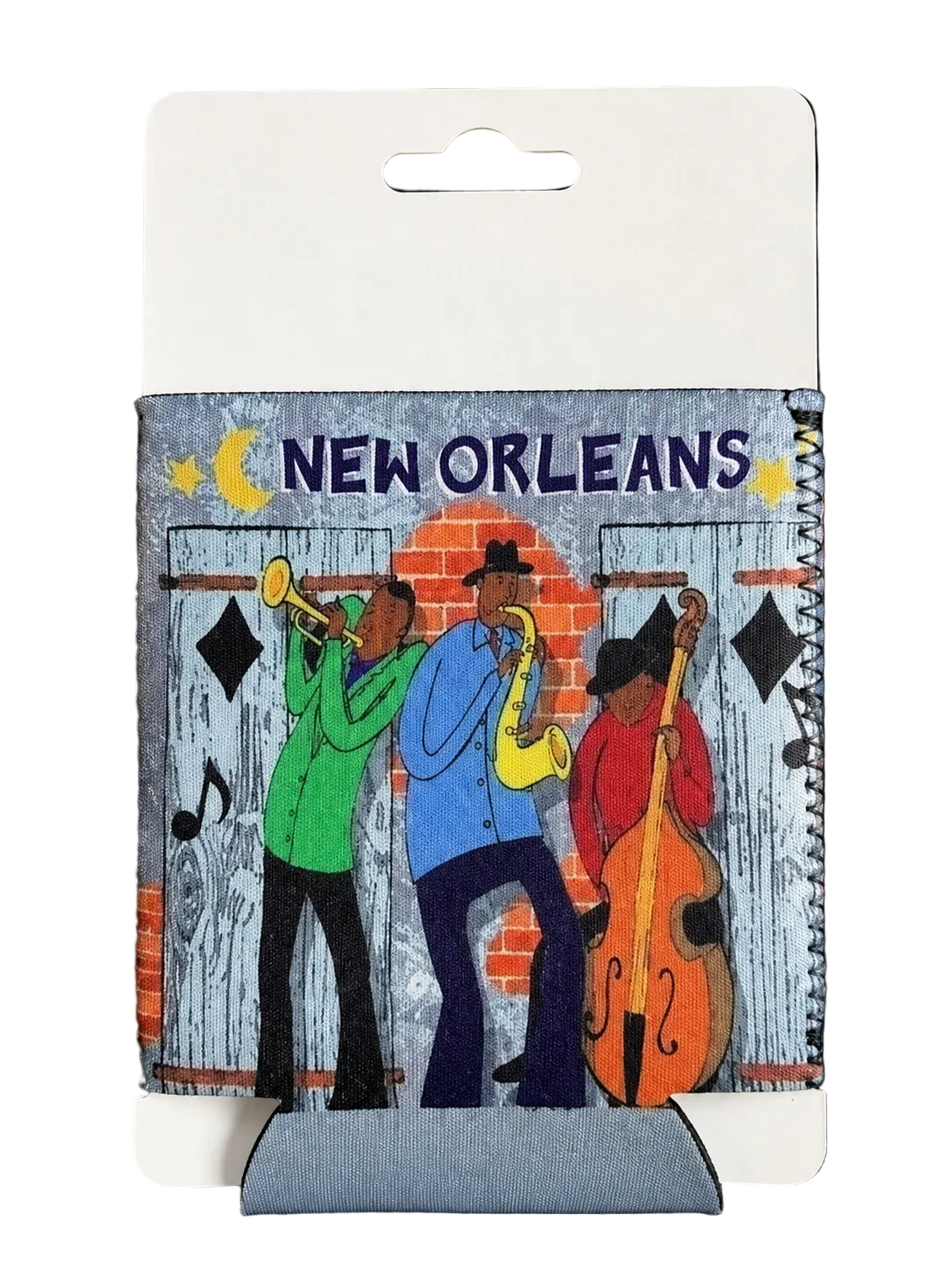 Product packaging with New Orleans-themed illustration of musicians playing instruments.