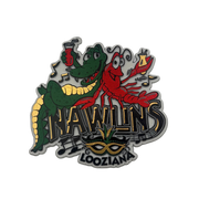 Nawlins Looziana souvenir magnet with green alligator, red crawfish, drinks, musical notes, and Mardi Gras mask