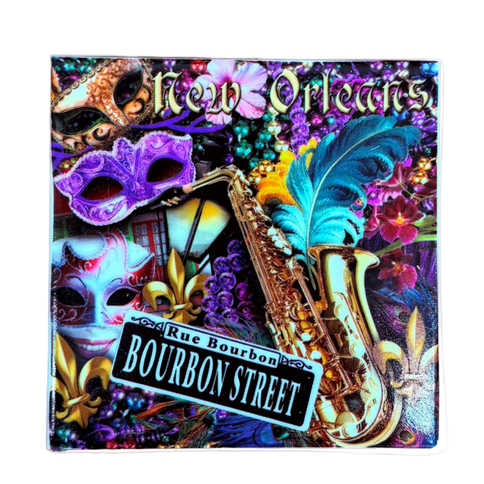 Colorful album cover with saxophone and New Orleans-themed design on a ceramic tile