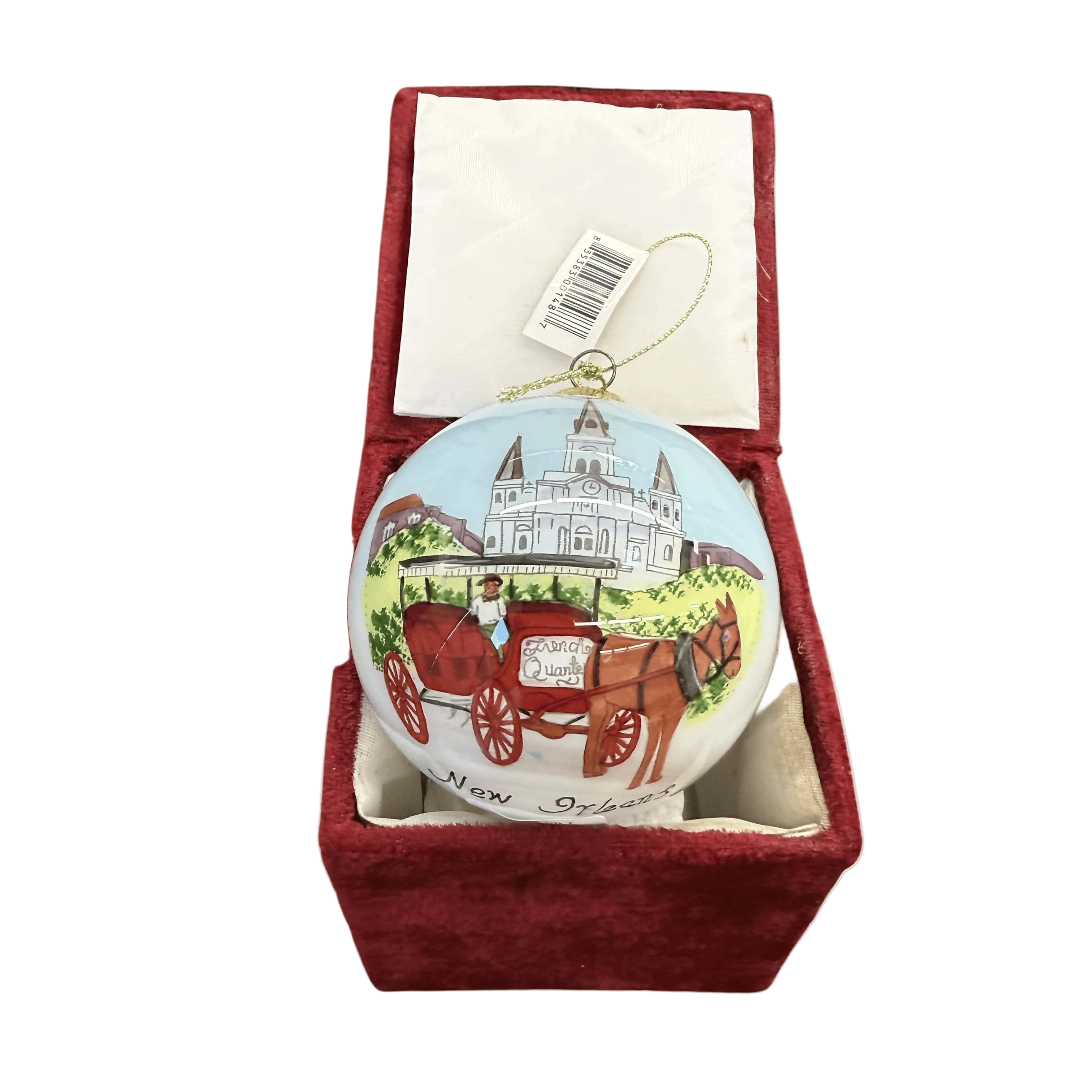 New Orleans Cathedral, Horse & Buggy Glass Ornament in Red Velvet Box  OR 7