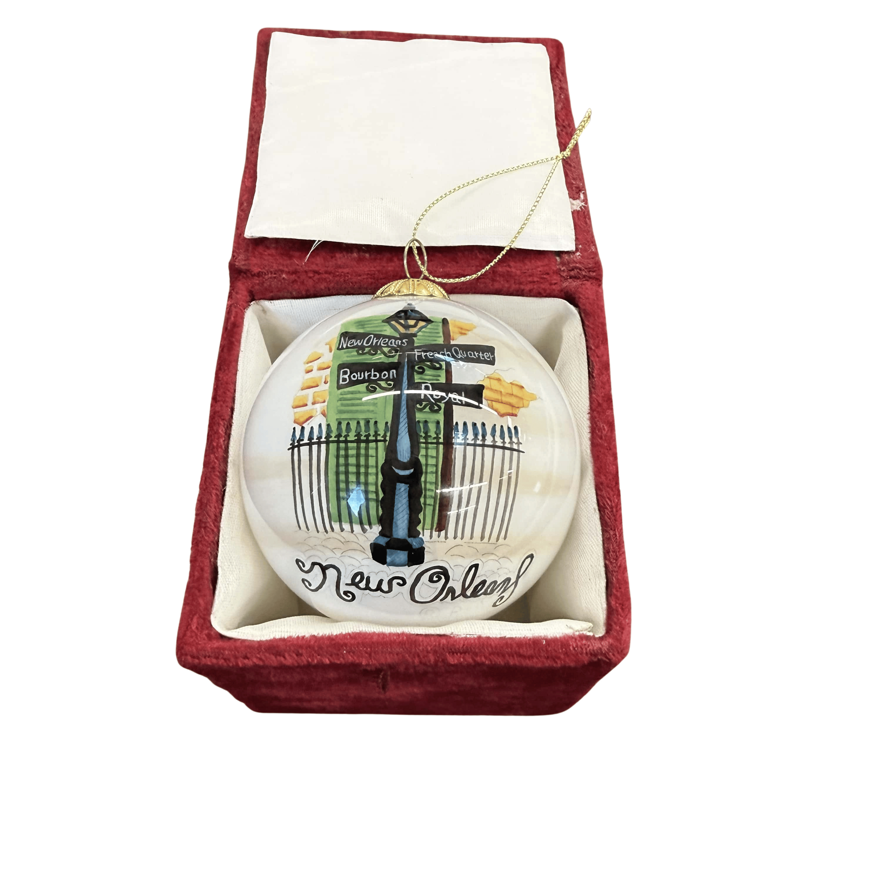 New Orleans Lamp Post Street Signs Glass Ornament in Red Velvet Box  OR 8