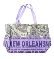 Purple New Orleans tote bag with illustrated city map, local landmarks, cultural icons, and lavender shoulder handles