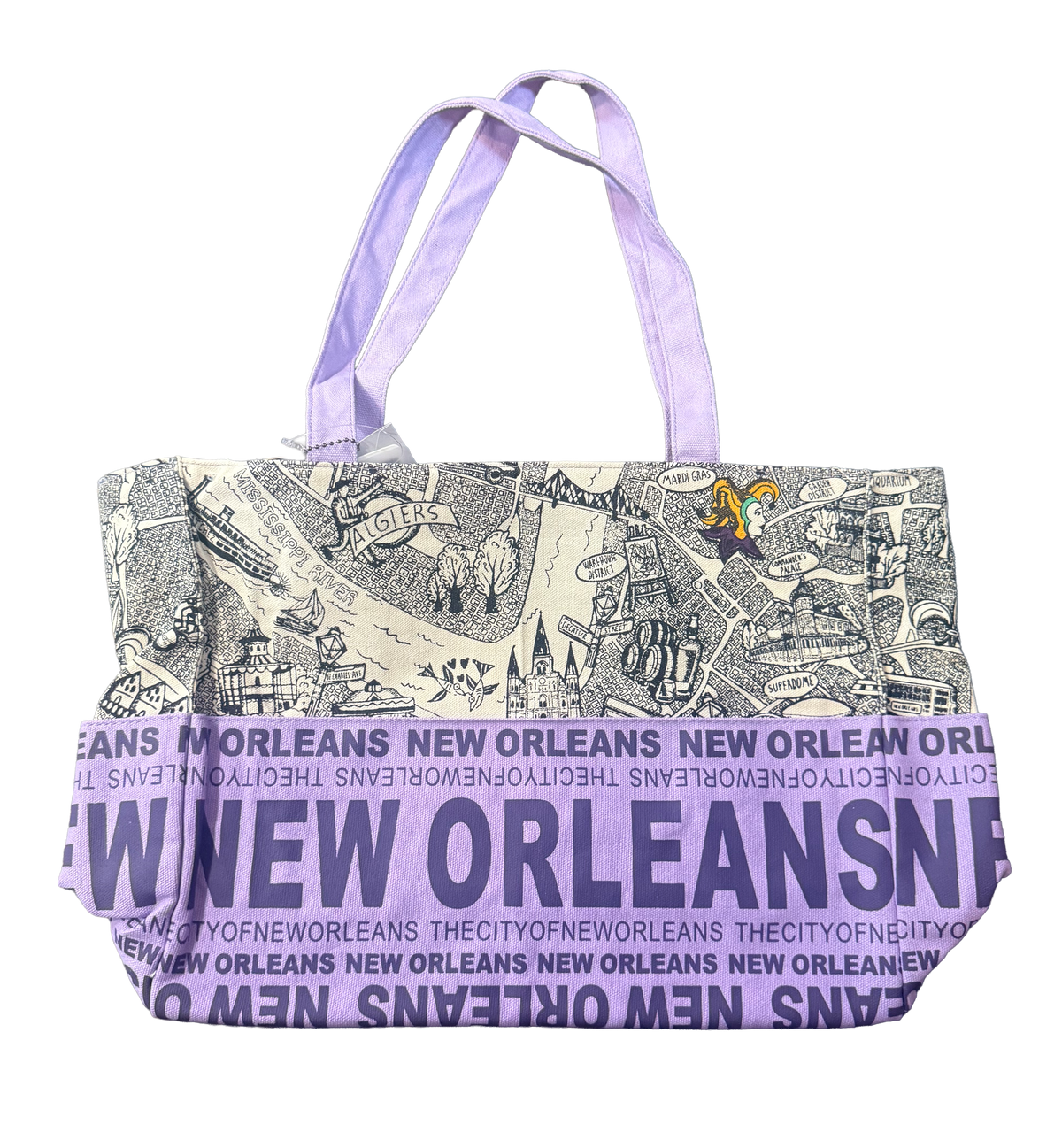 Purple New Orleans tote bag with illustrated city map, local landmarks, cultural icons, and lavender shoulder handles
