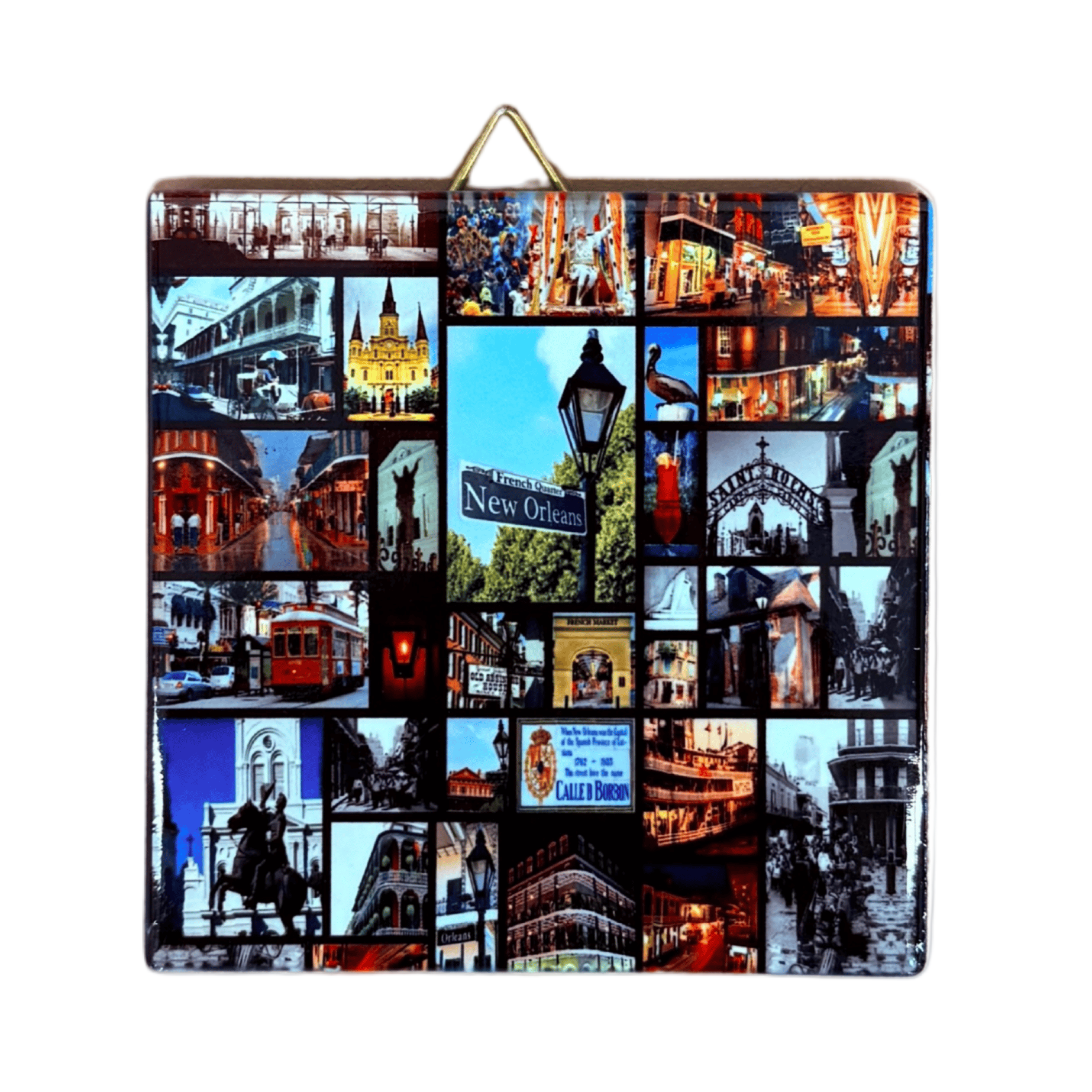 Collage of New Orleans cityscapes on a square ceramic tile