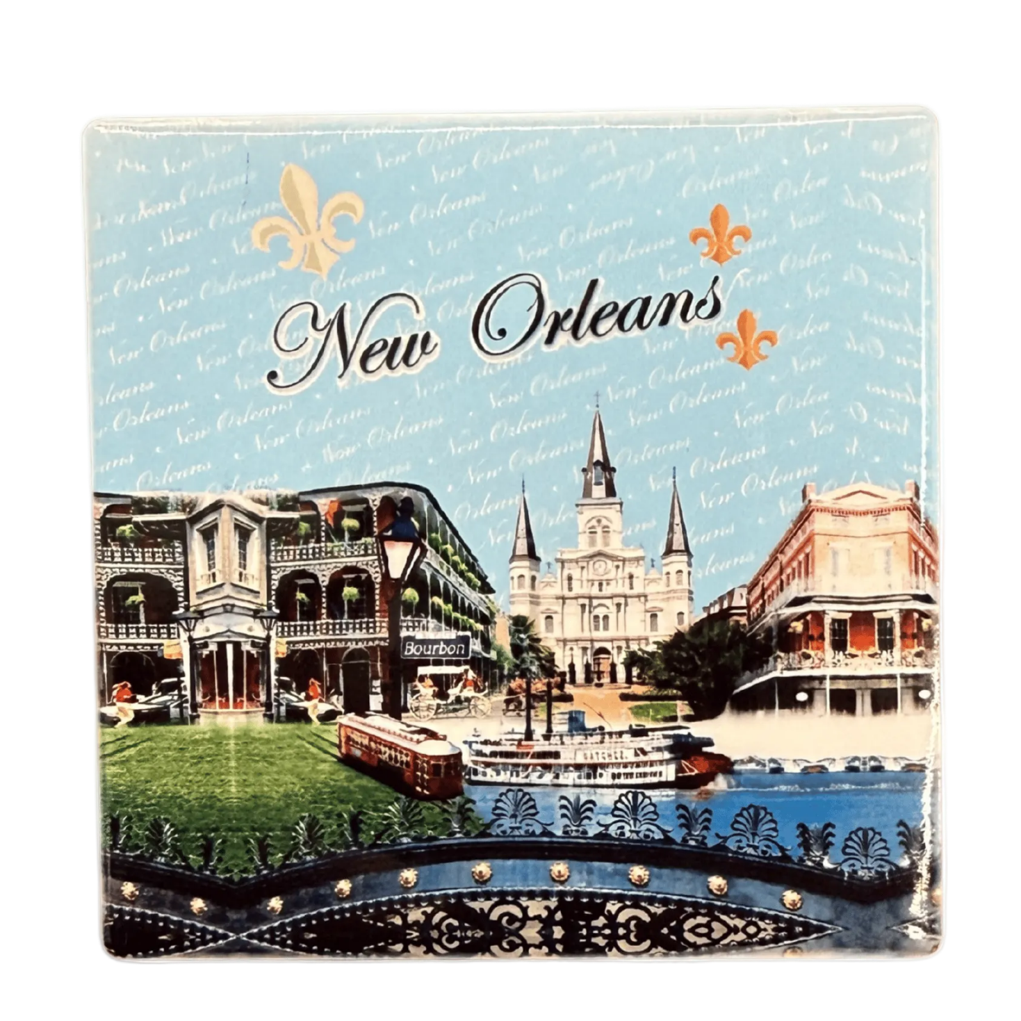 A square decorative New Orleans-themed print or tile featuring the city name, fleur-de-lis motifs, historic buildings, a riverboat, and a bridge in front, shown on a plain ceramic coaster.