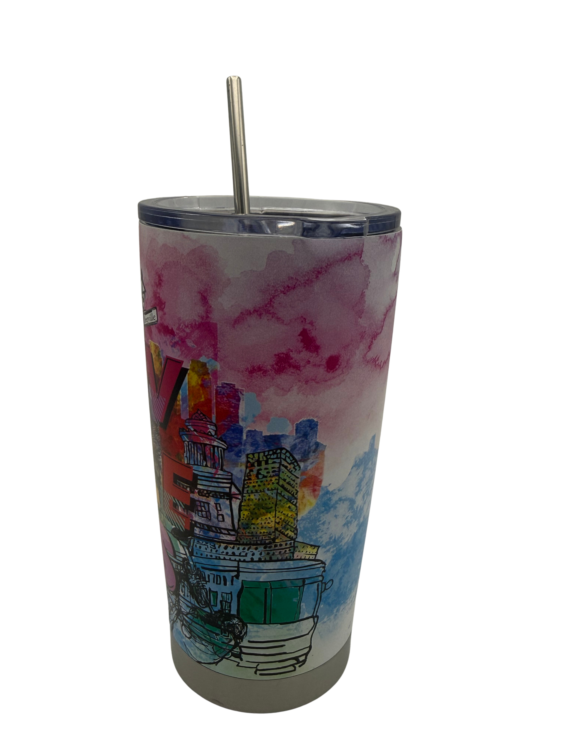Tumbler with colorful cityscape design on a white background- back side 