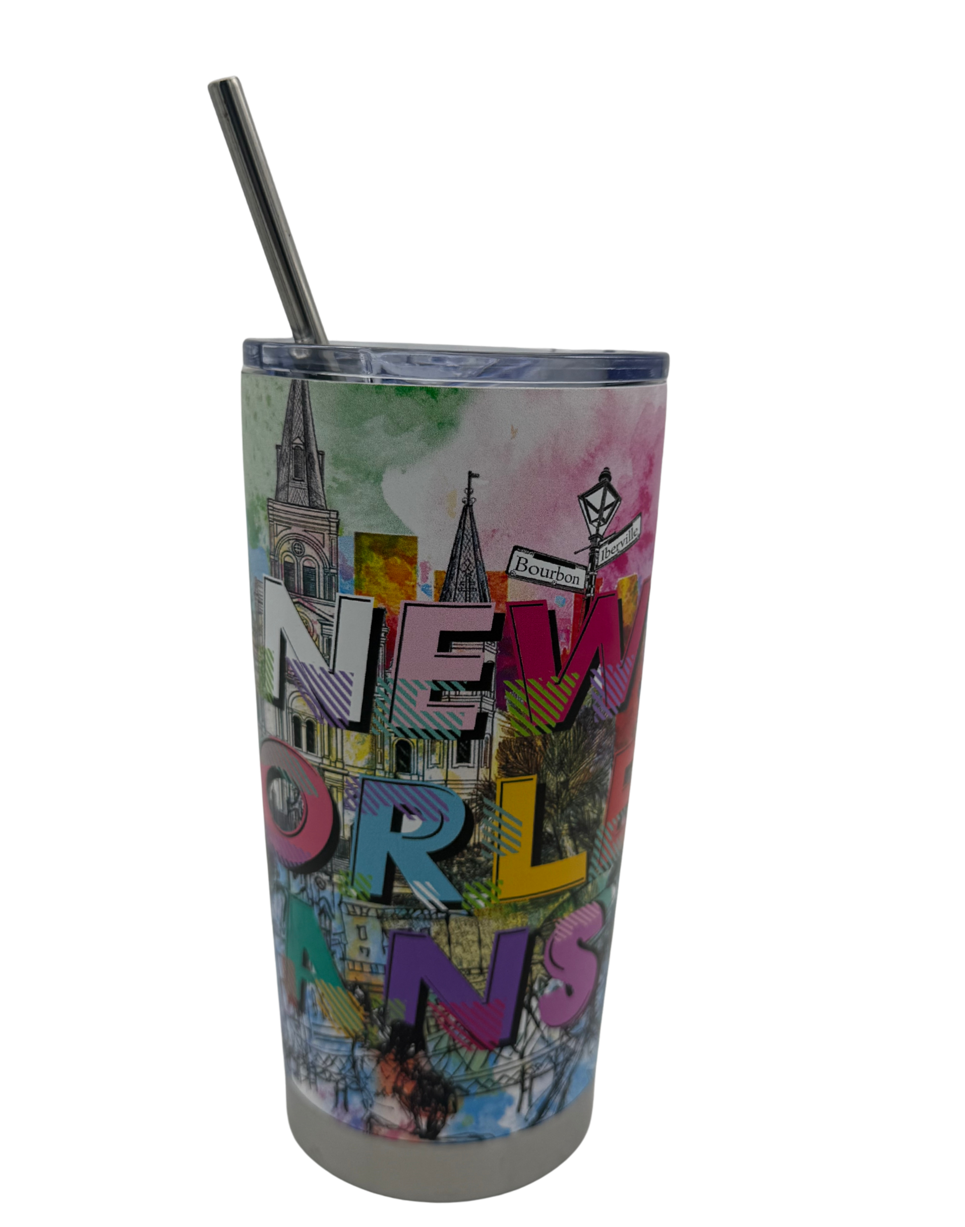Tumbler with colorful New Orleans-themed design and straw on a white background
