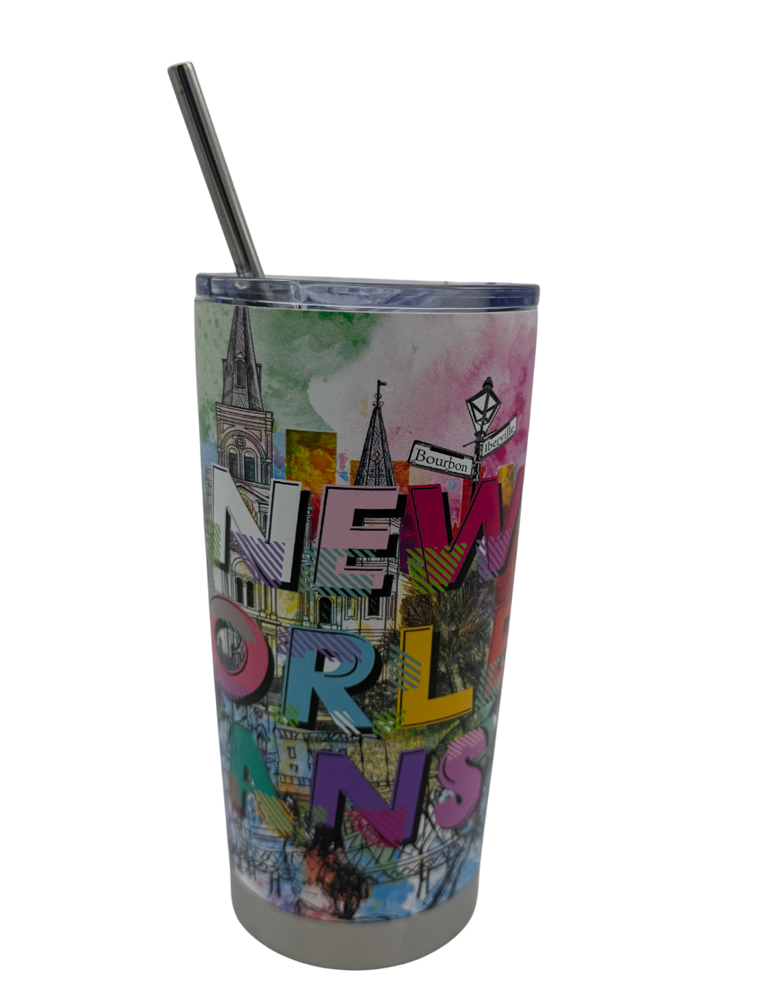 Tumbler with colorful New Orleans-themed design and straw on a white background