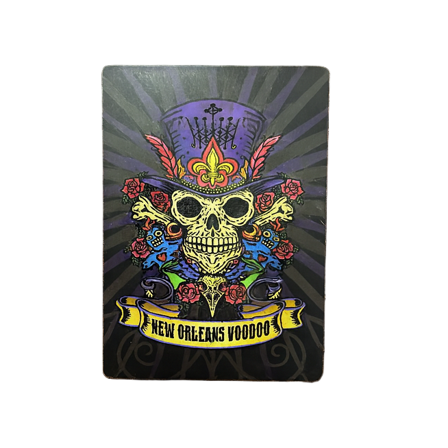 Colorful skull design with top hat and roses on a dark background, featuring 'New Orleans Voodoo' text.