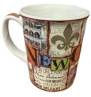 Ceramic mug with a weathered fresco-style collage featuring “New Orleans” text, St. Louis Cathedral, saxophone player, steamboat, Mardi Gras beads, and French Quarter balconies.