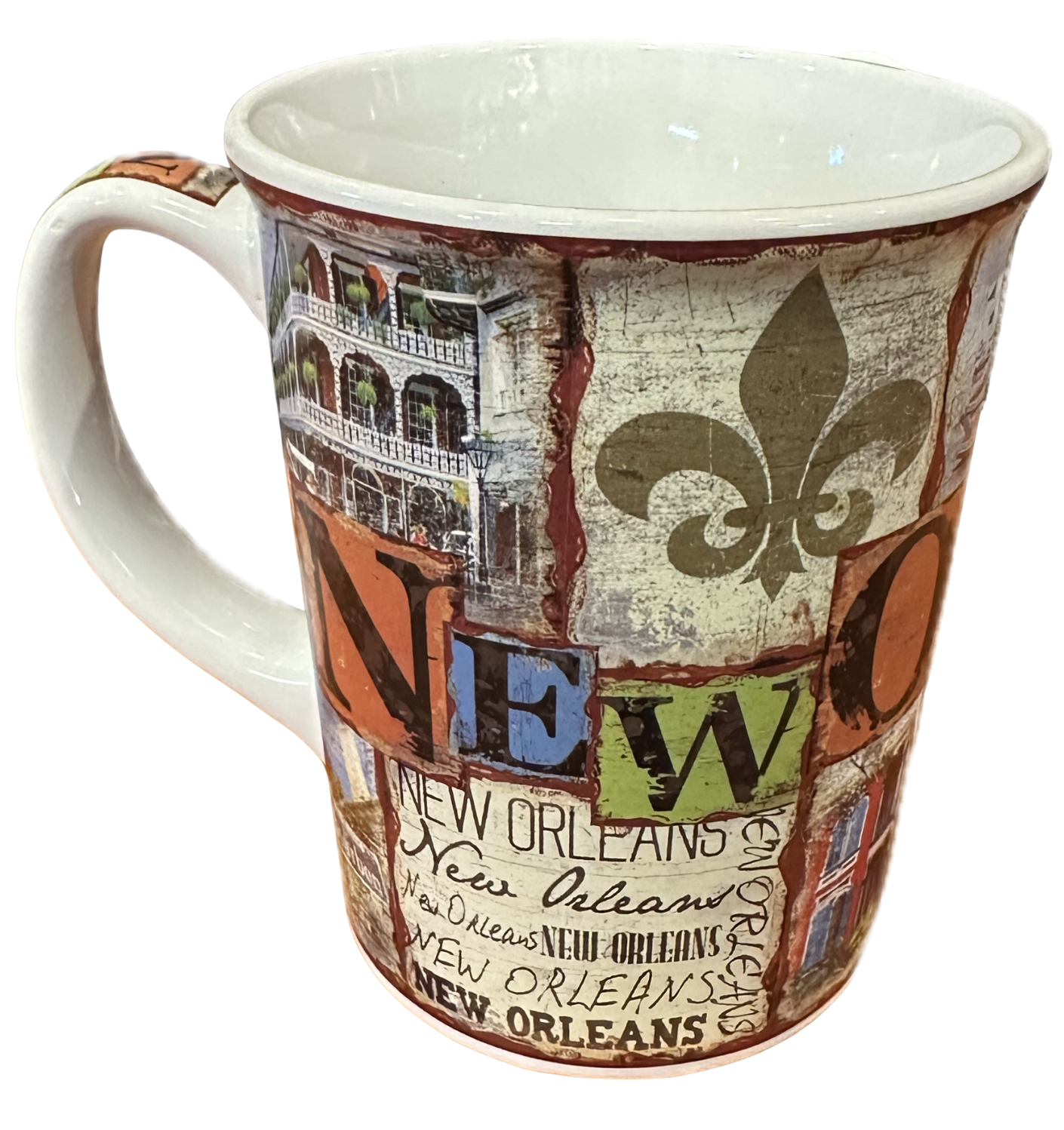 Ceramic mug with a weathered fresco-style collage featuring “New Orleans” text, St. Louis Cathedral, saxophone player, steamboat, Mardi Gras beads, and French Quarter balconies.