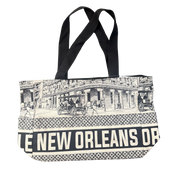 Black-and-white New Orleans tote bag with French Quarter architecture, ornate balconies, horse-drawn carriages, and black handles