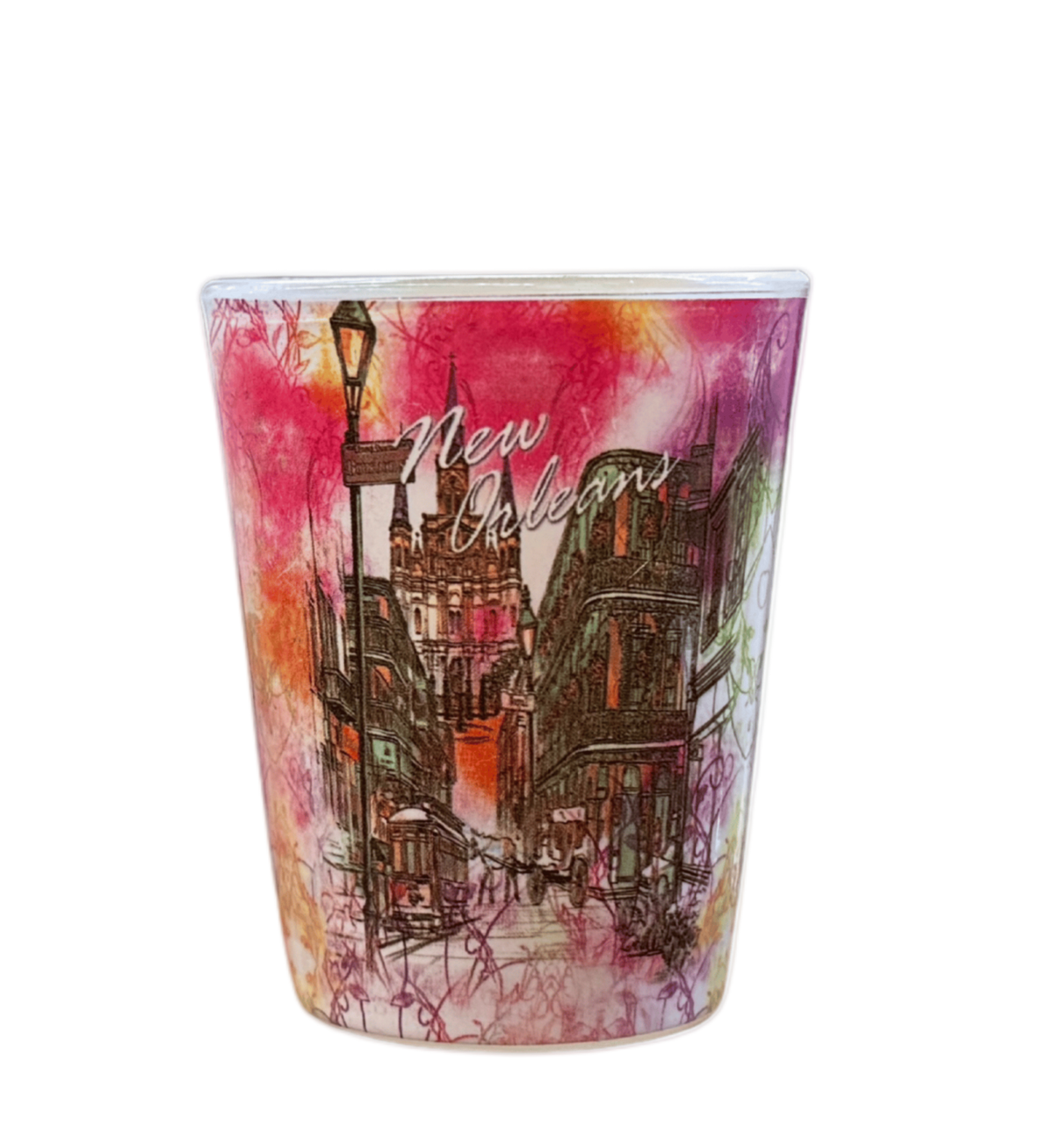 A small shot glass featuring a colorful watercolor-style New Orleans cityscape illustration with pink, red, orange, and dark brown tones, plus the words 'New Orleans' in white script.