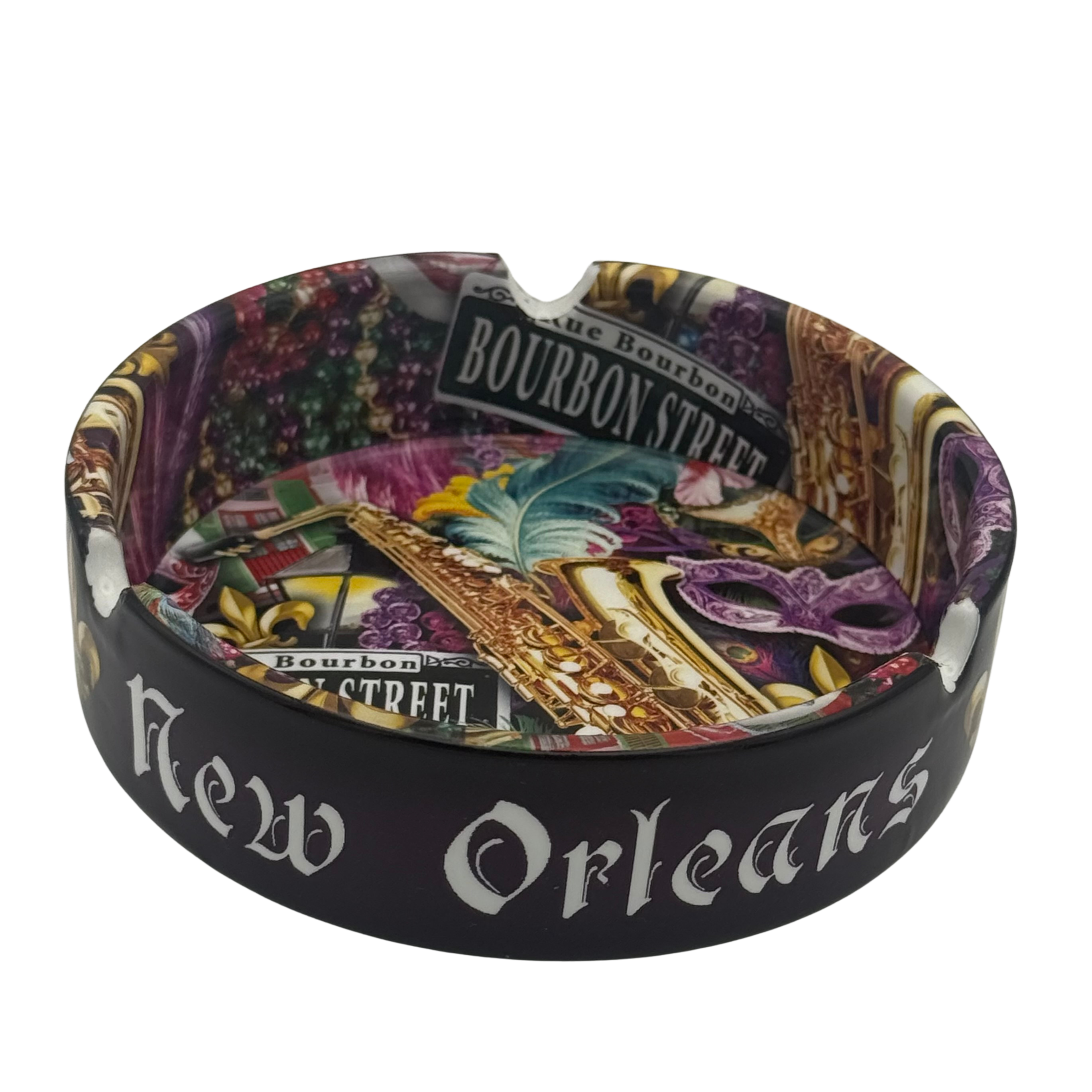 New Orleans Saxophone Ceramic Ashtray with Mardi Gras Design & Bourbon Street Sign