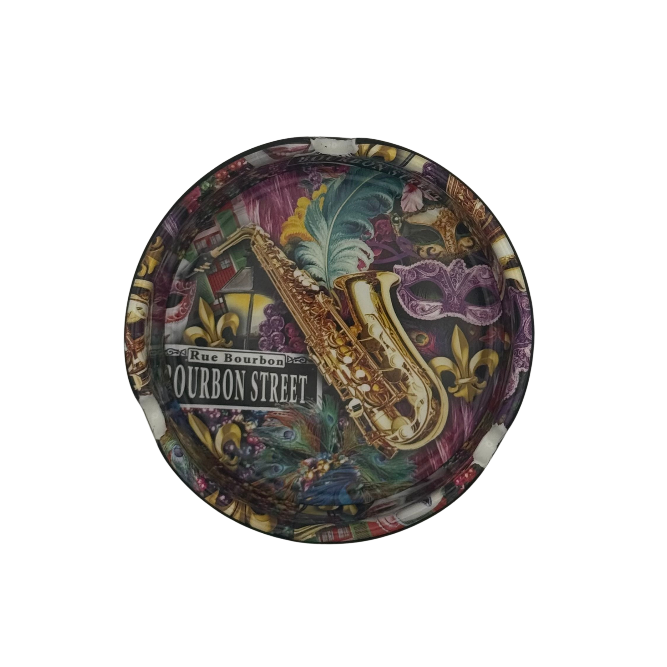 New Orleans Saxophone Ceramic Ashtray with Mardi Gras Design & Bourbon Street Sign