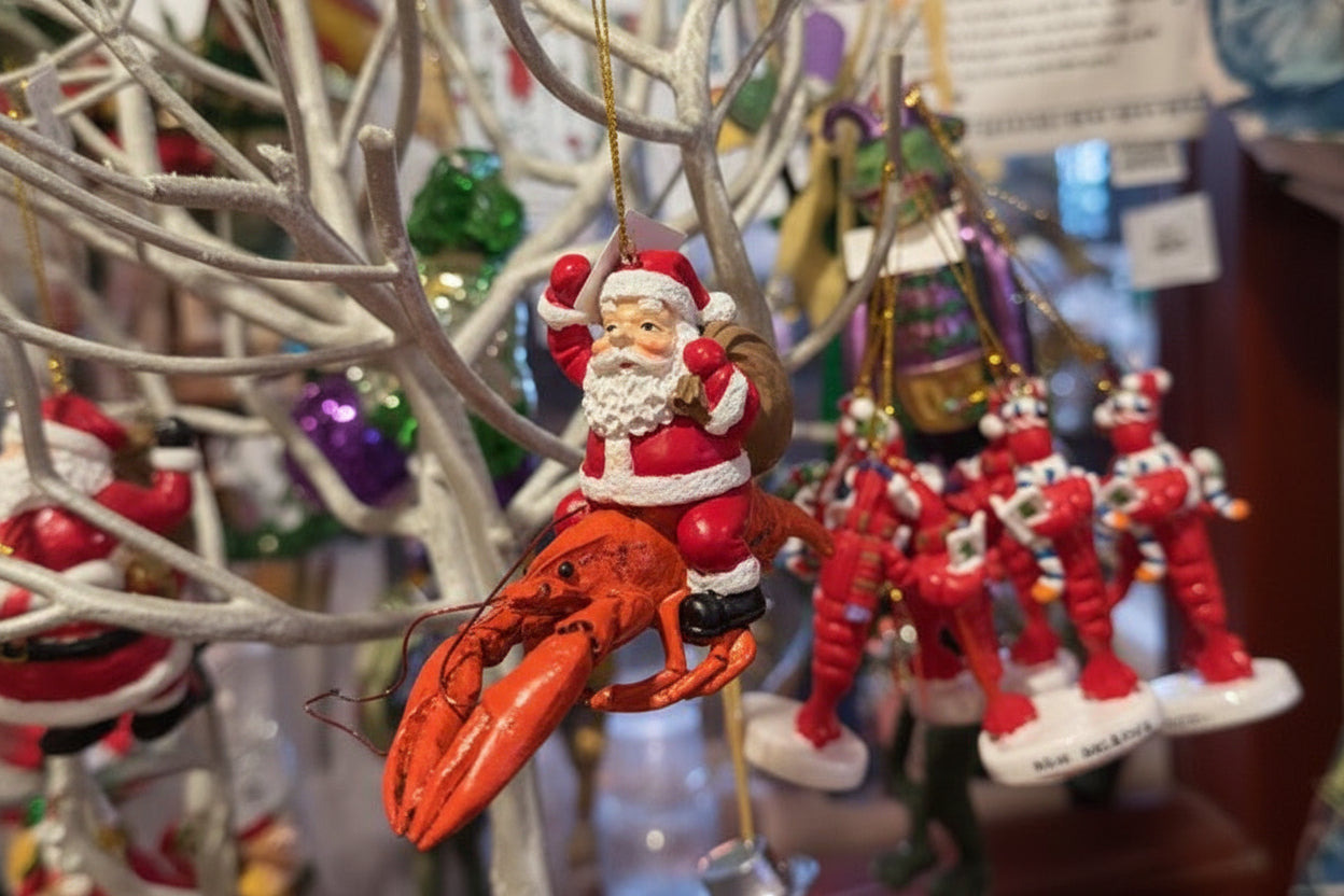 Santa Riding Crawfish Ornament in White