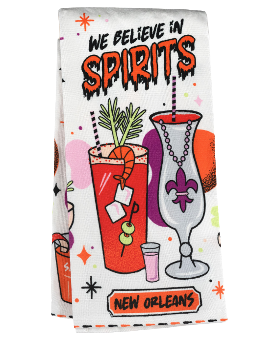 Towel with New Orleans-themed design featuring drinks and text on a white background