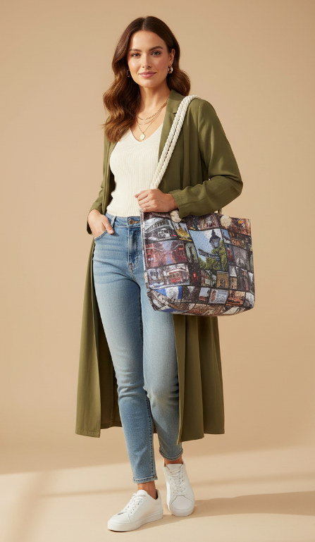 New Orleans French Quarter Collage Rope Handle Tote Bag