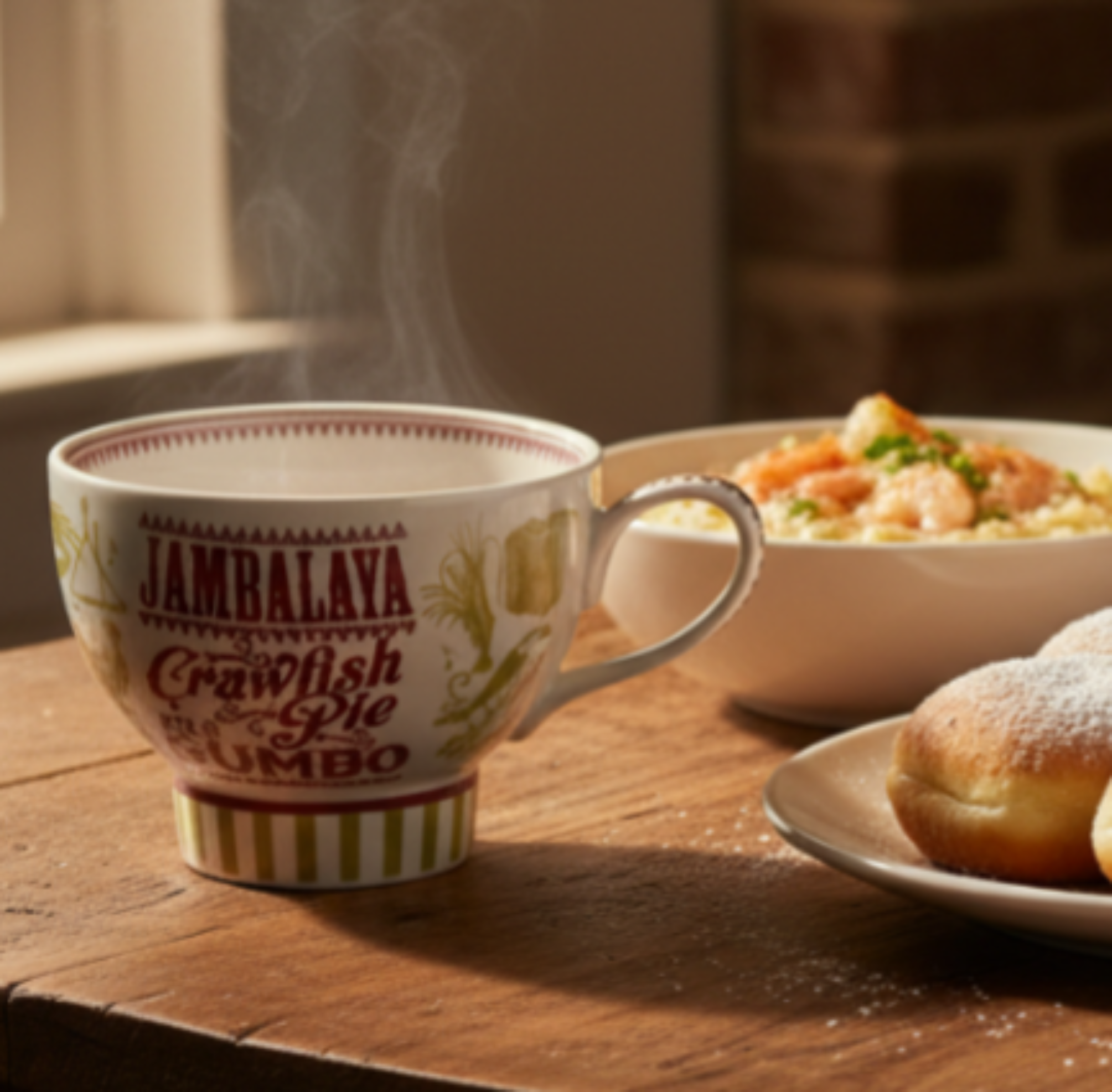 Steaming mug labeled 'Jambalaya' with a bowl of food and bread on a wooden table.