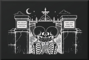 Black and white New Orleans magnet featuring two skeletons facing one another in front of the gates of St. Louis Cemetery No. 1