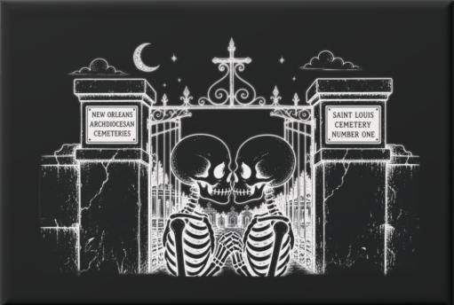 Black and white New Orleans magnet featuring two skeletons facing one another in front of the gates of St. Louis Cemetery No. 1