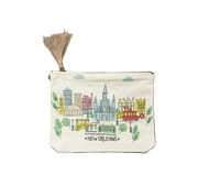 A small cream canvas zip pouch with a colorful New Orleans cityscape illustration and a tassel