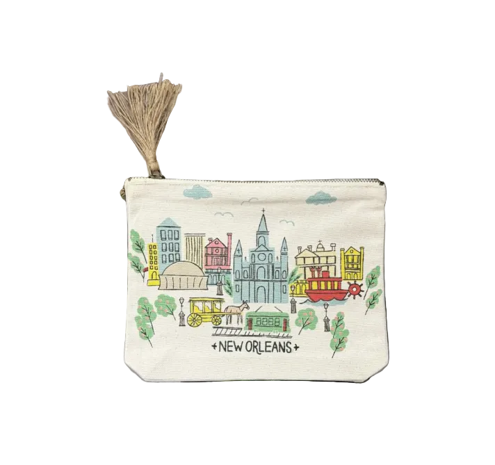 A small cream canvas zip pouch with a colorful New Orleans cityscape illustration and a tassel