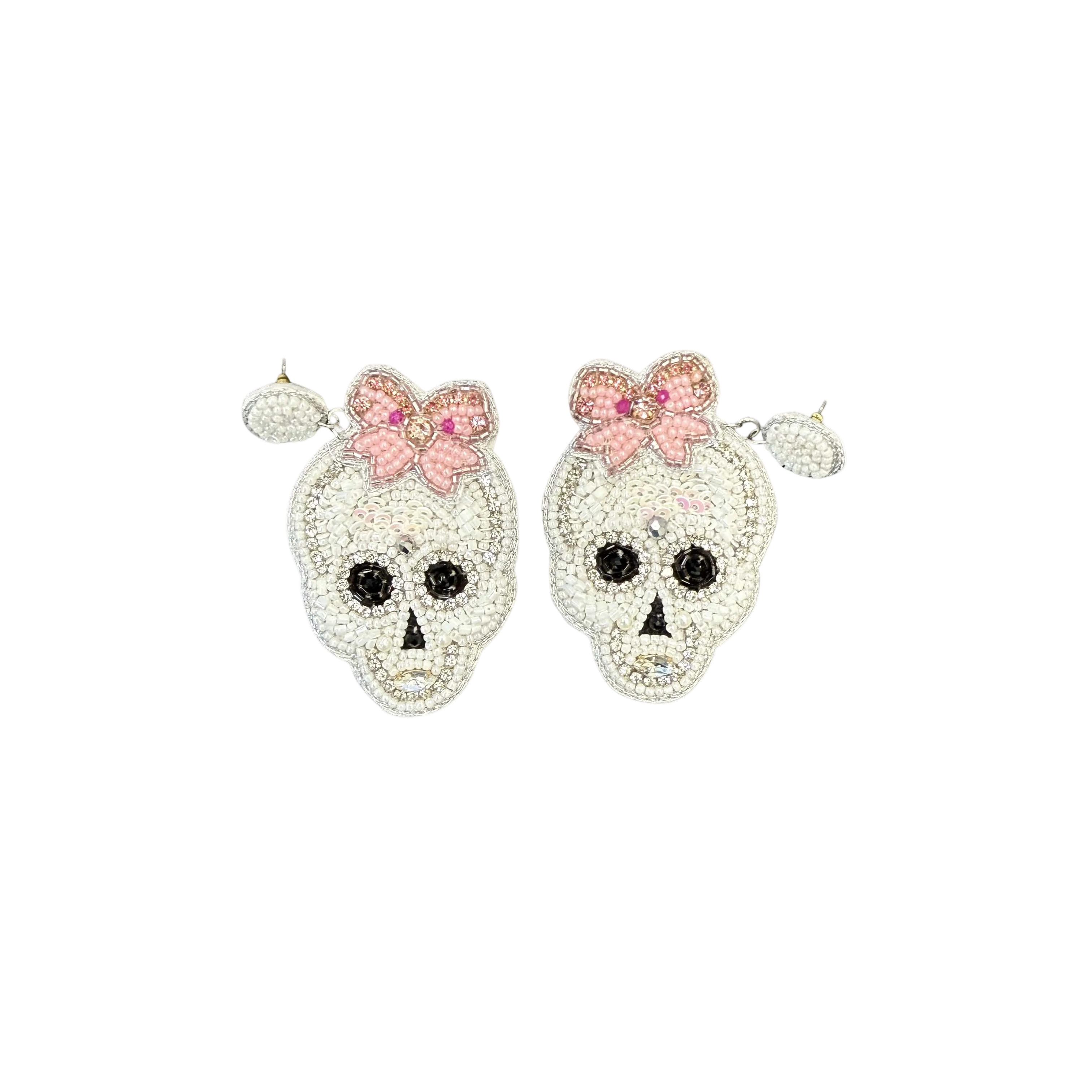 Skull Beaded Earrings Pink Bow