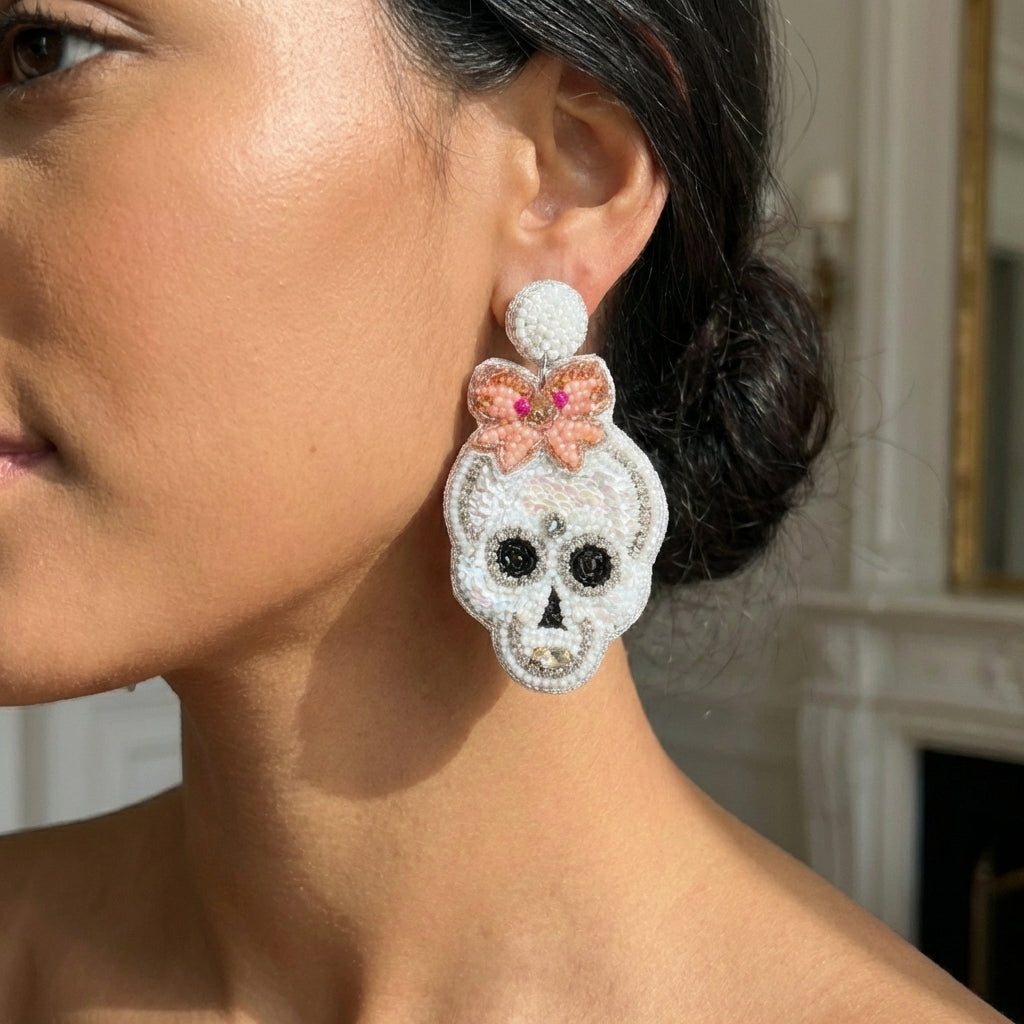 Skull Beaded Earrings Pink Bow