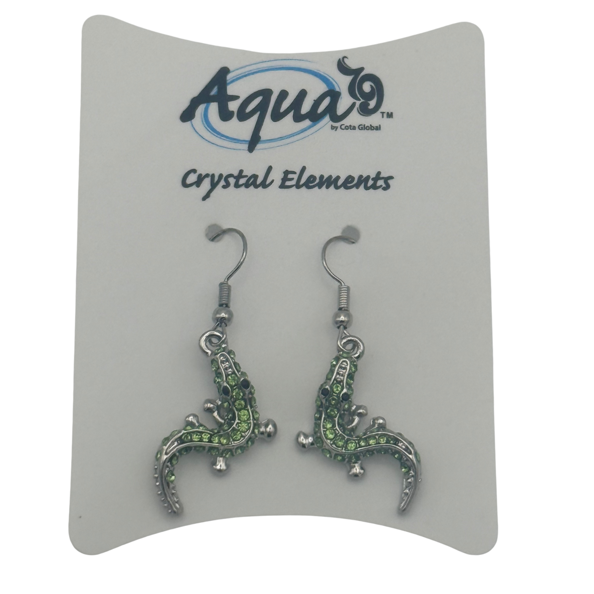 Alligator-shaped earrings on a 'Aqua Crystal Elements' branded card.