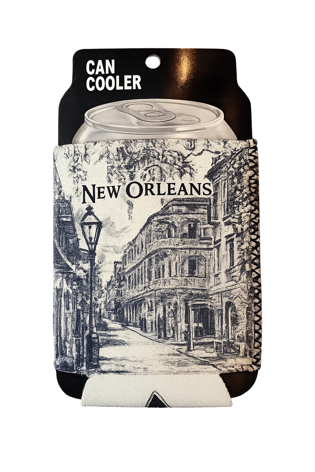 Can cooler with New Orleans-themed design on a white background