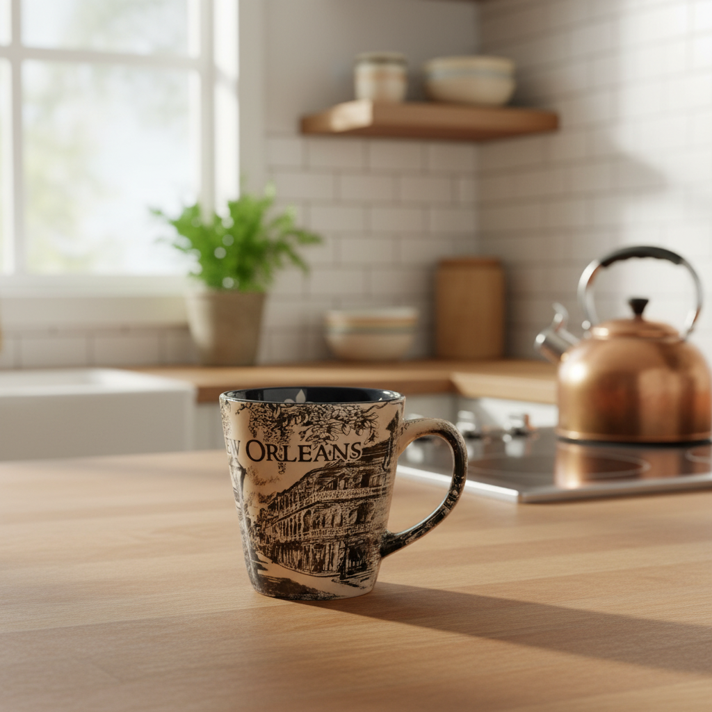 New Orleans Street Scene Ceramic Mug with Fleur-de-Lis Interior