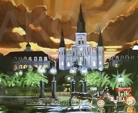Sunset on the Square art print by Shakor featuring St. Louis Cathedral, Jackson Square, glowing streetlamps and a mule-drawn carriage beneath a golden sunset.