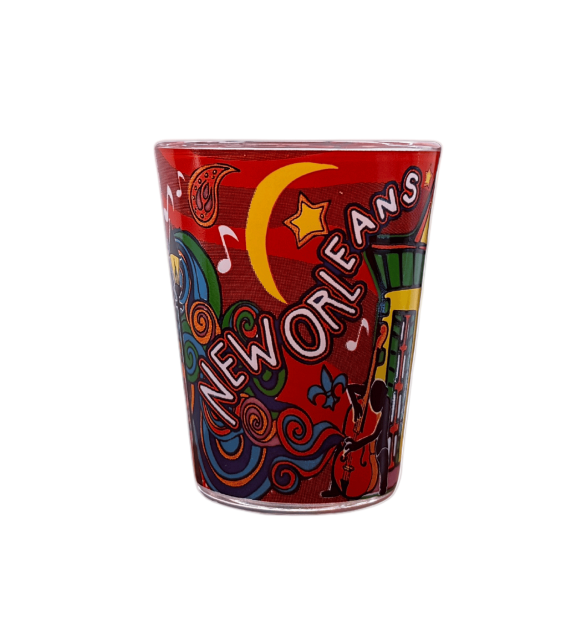 A red shot glass featuring a colorful New Orleans-themed design with a crescent moon, star, musical notes, swirls, and the text 'NEW ORLEANS' in white outlined lettering.