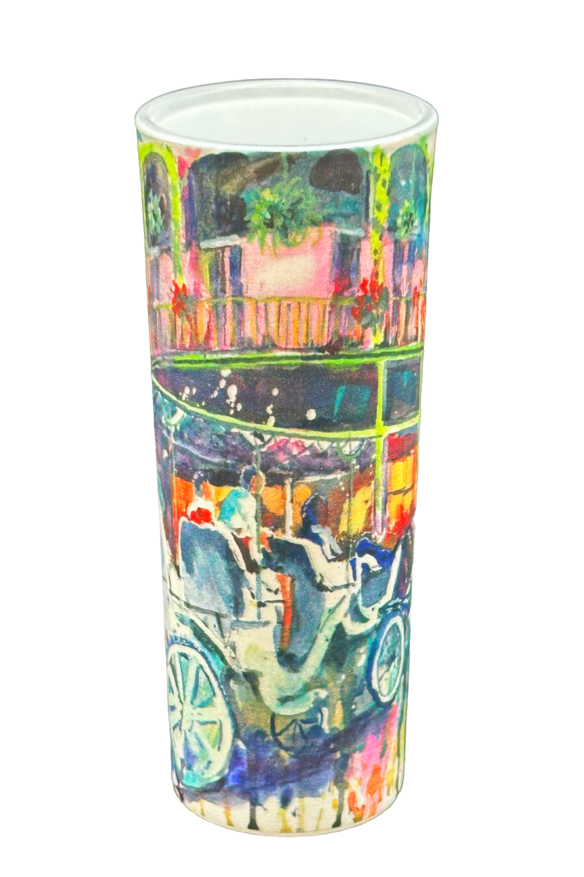 A tall cylindrical glass tumbler featuring a colorful artistic print of a vintage carriage scene with buildings and greenery, shown against a plain white background.
