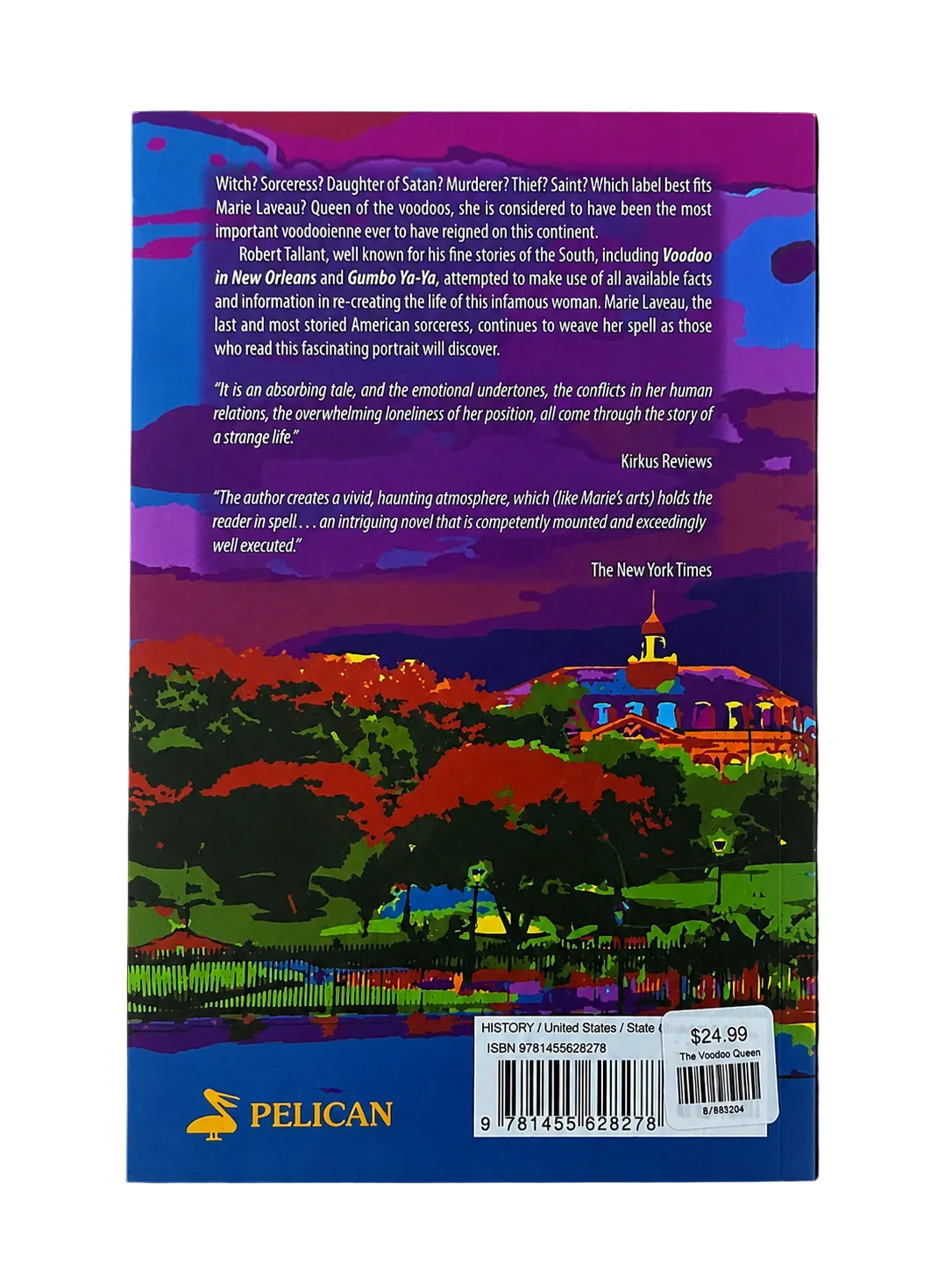 Back cover of a book with colorful illustration and text, featuring the Pelican Publishing Company logo.