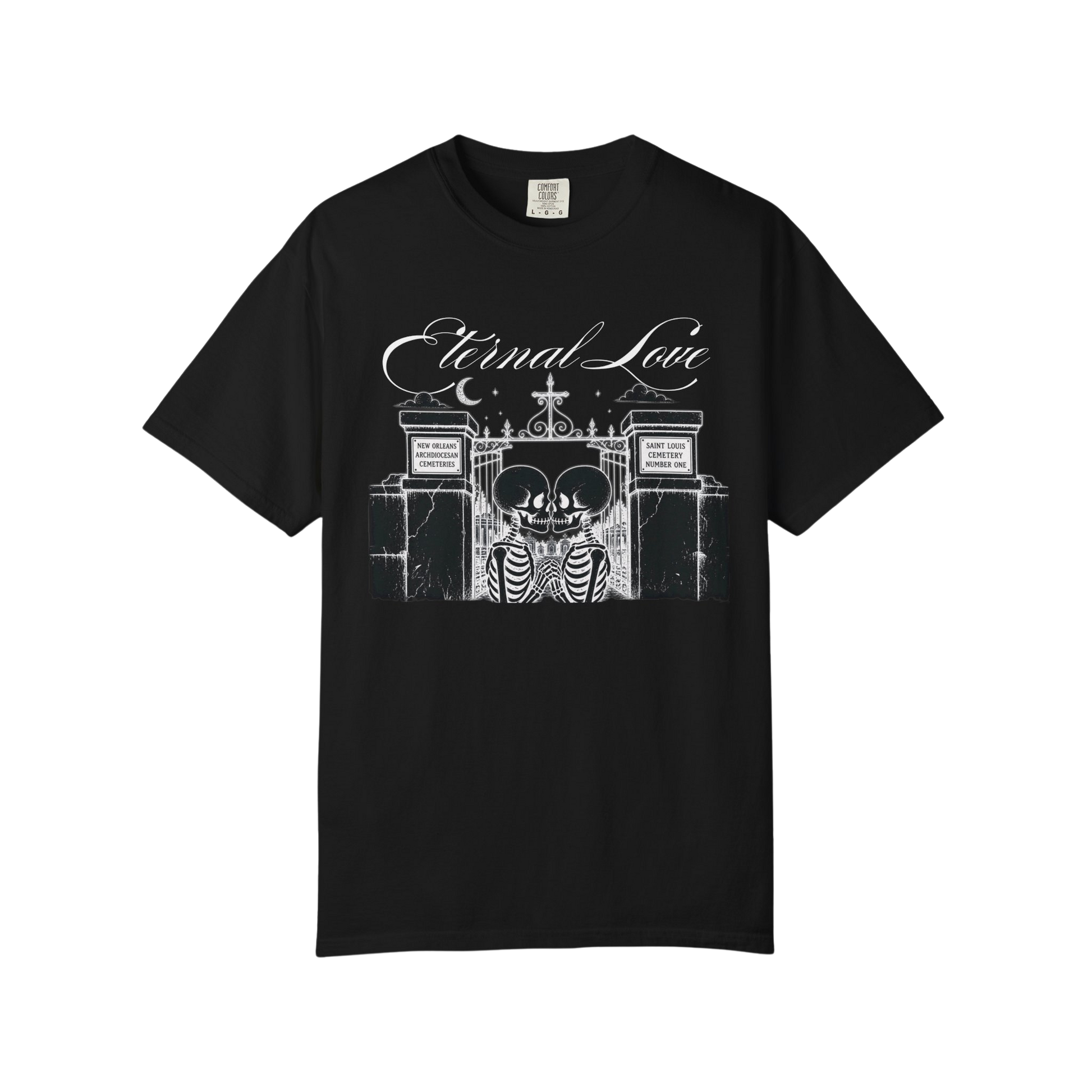 Black t-shirt with white graphic design and 'Eternal Love' text on a white background