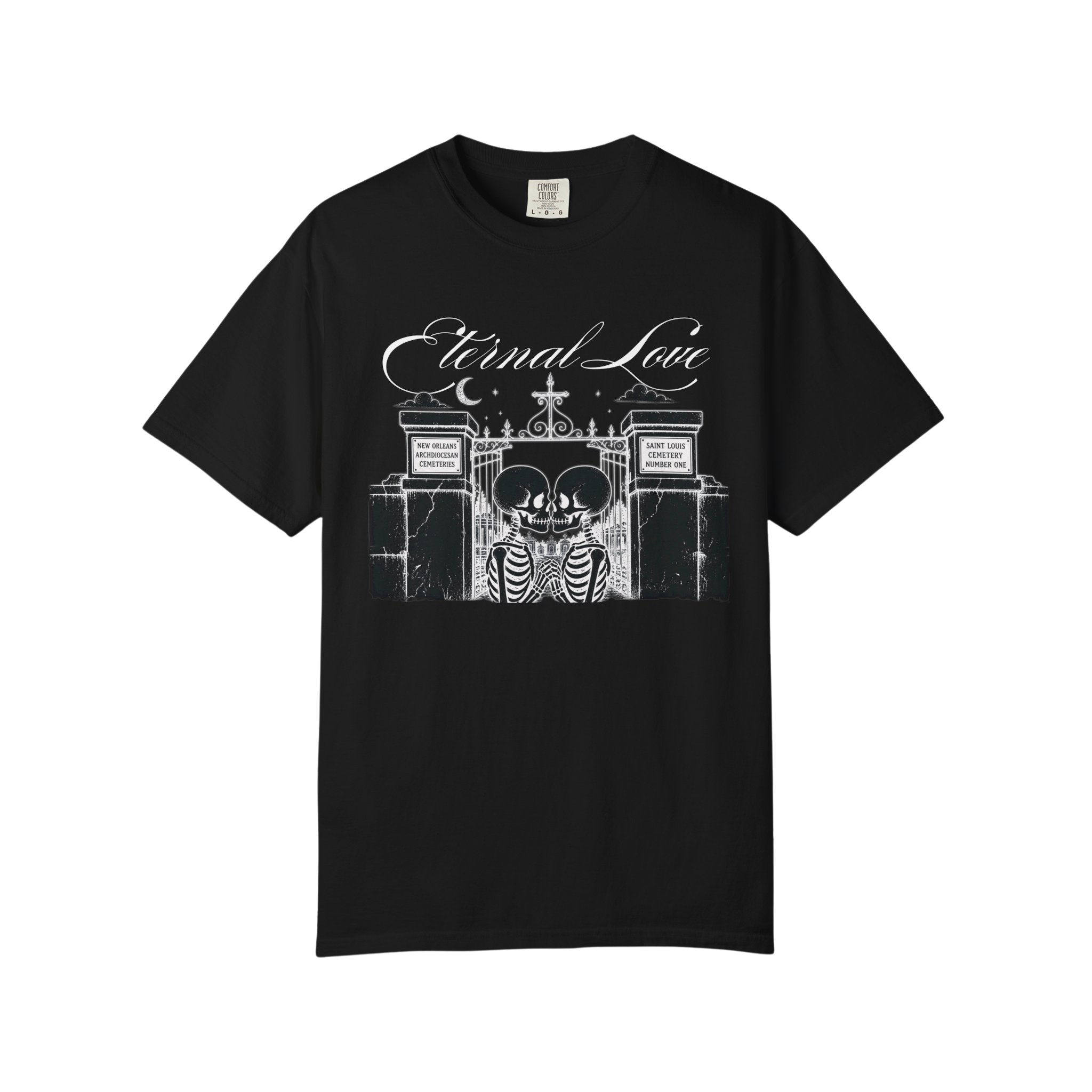 Black t-shirt with white graphic design and 'Eternal Love' text on a white background
