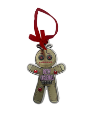 New Orleans voodoo doll ornament with button eyes, stitched details, colorful pins, and red hanging ribbon
