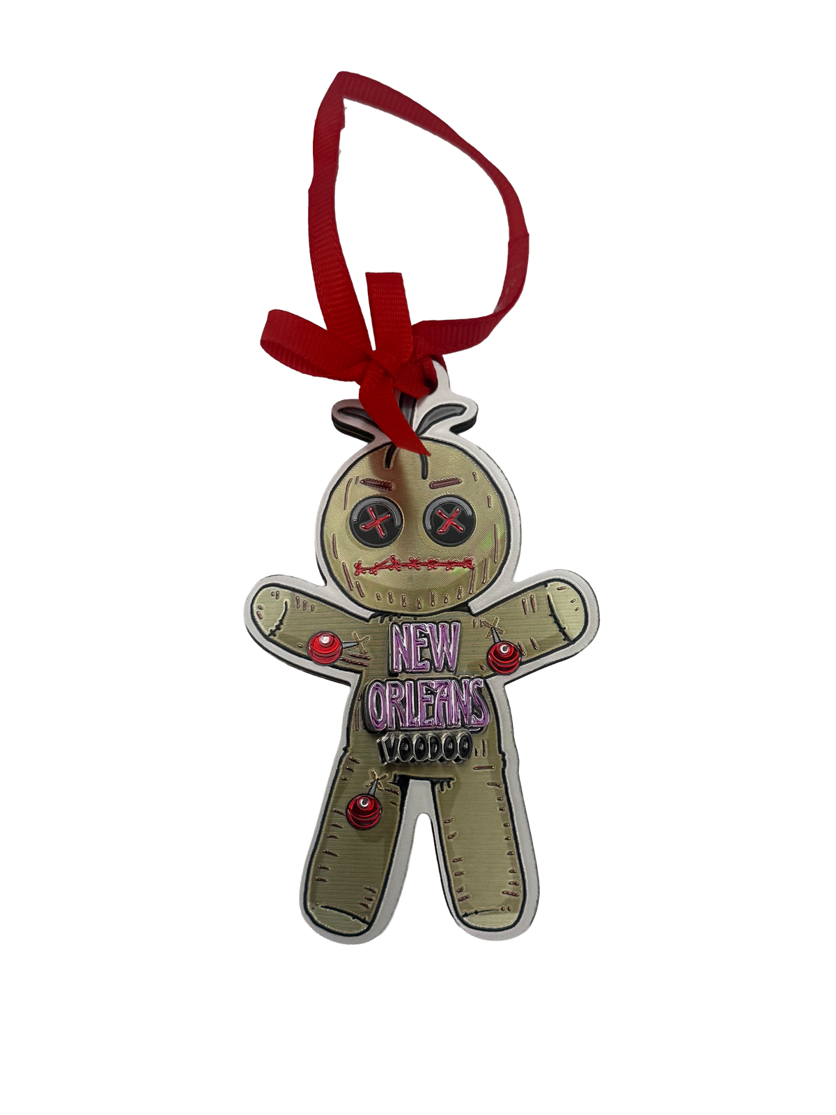 New Orleans voodoo doll ornament with button eyes, stitched details, colorful pins, and red hanging ribbon