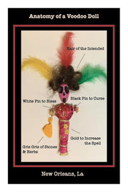 Anatomy of a Voodoo Doll 4x6 matted print with labeled New Orleans voodoo doll featuring feathers, pins, and gris gris bag